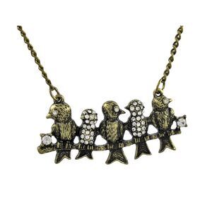 Antiqued Brass Finish Rhinestone Accented Birds on a Wire Necklace 20 Inch